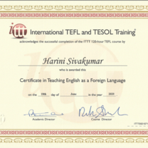 This is my 120 hours TEFL certificate from ITTT