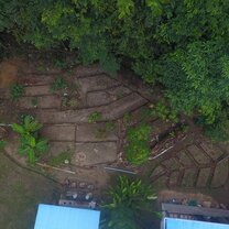 An aerial view of Hoja Nueva's herb garden and vegetable terraces.