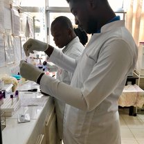 Working with colleagues at the lab