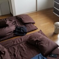 Futons Mine and my roommate's sleeping situation, ft. my tiny head fan.