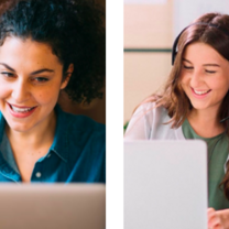 two images of women waving and speaking to a laptop