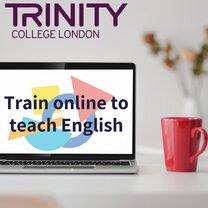 Laptop with the phrase 'Train online to teach English'