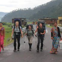 NOLS India students backpack alongside local villagers.
