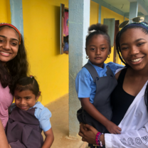 Two students work alongside two younger students at a local school in Belize. 