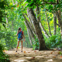 Girl looking at trees in rainforest