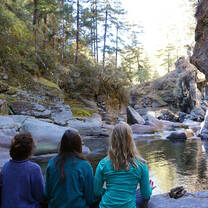 Students sitting by a stream