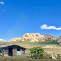 Blue sky, log cabin