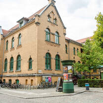 Exterior shot of a brick building