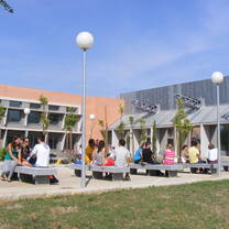 Students behind the International Center