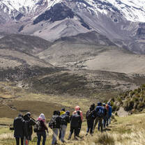 Students hiking by Mt. Chimborazo