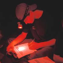 A student writes in a notebook on the beach at night by headlamp