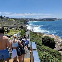 A group walks towards a wide open beach