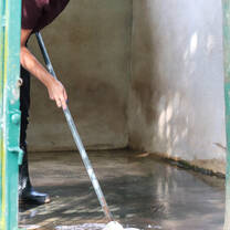 Volunteer washing floor