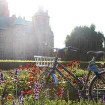 A bike stands in the foreground of a castle