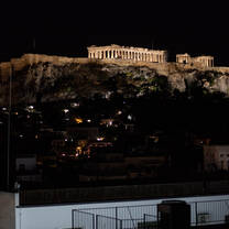 The Parthenon lit up at night from our hotel