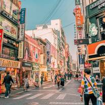 A busy street scene with colorful buildings and signs