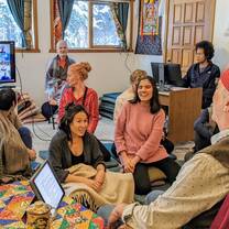 Enjoying a dharma class in the Shrine Room