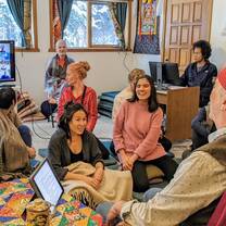 Enjoying a dharma class in the Shrine Room