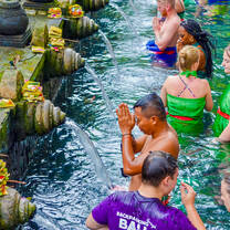 Backpacking Bali group members at temple