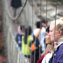 People staring out over a misty ocean while on a suspension bridge during our tour of the Garden Route in South Africa 