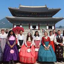 teachers pose in traditional hanbok