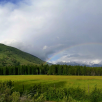 Rainbow over mountain and field. 