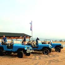 three blue jeeps lined up at the beach