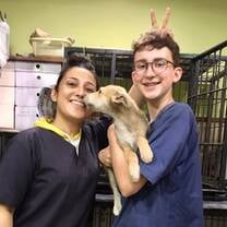 A Nepali vet tech makes bunny ears behind an American volunteer who is holding a puppy