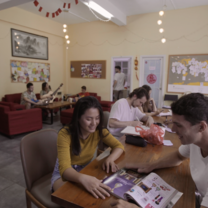 Students hang out in a student lounge