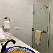 Bathroom sink, showers and towels