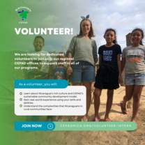 text overlayed over a volunteer standing with four children