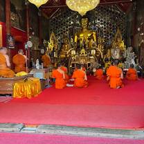 a group of monks pray in a temple 