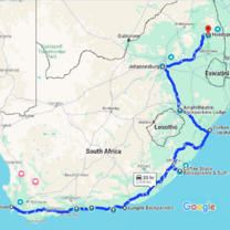 Map road trip of the Atlantic Ocean, Indian Ocean, Drakensberg Mountains, Kruger National Park