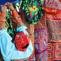 Woman hanging textiles