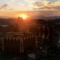 Buildings seen from above at sunset