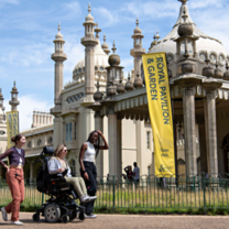 Students outside of Brighton Pavilion on a sunny day