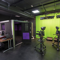 Our media suite with green screen and recording booth