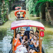 Campers visiting water town