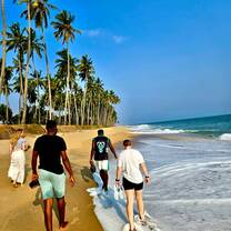 A group of volunteers walk away from the camera on a golden beach, with turquoise waves, a bright blue sky and palm trees.