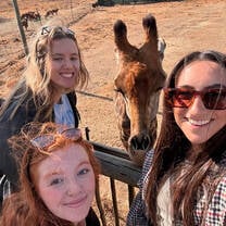 Three volunteers take a selfie with a giraffe!