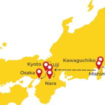 Map with cities: Tokyo, Kamakura, Enoshima, Kawaguchiko, Uji, Nara, Kyoto and Osaka.