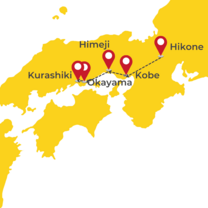 Route with cities to visit. Hikone, Kobe, Himeji, Okayama and Kurashiki.