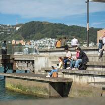 Students studying at the waterfront