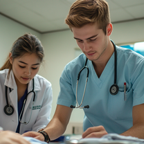 Medical student with local doctors, Vietnam