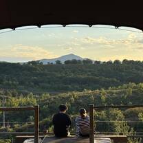 Two students sitting on a lookout point, their backs to the camera, with a beautiful mountainous forest in the background