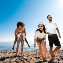 Friends laughing by the beach