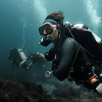 A scuba diver underwater on a reef with other divers in the background