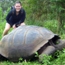A student with a giant Galápagos tortoise