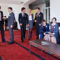 hospitality and business management students in lobby