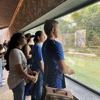 Students looking at animals at exhibit at zoo in Merida